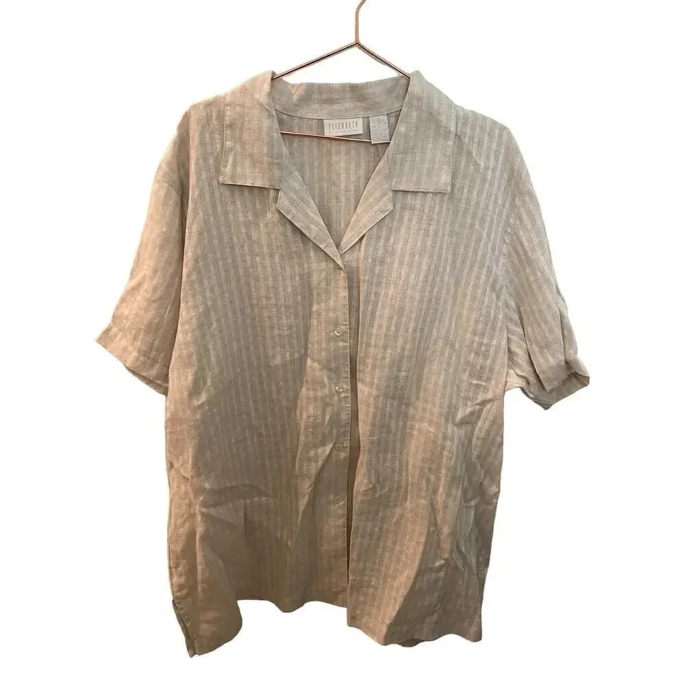 Elisabeth Liz Claiborne Beige Short Sleeve Striped linen Top Size 22